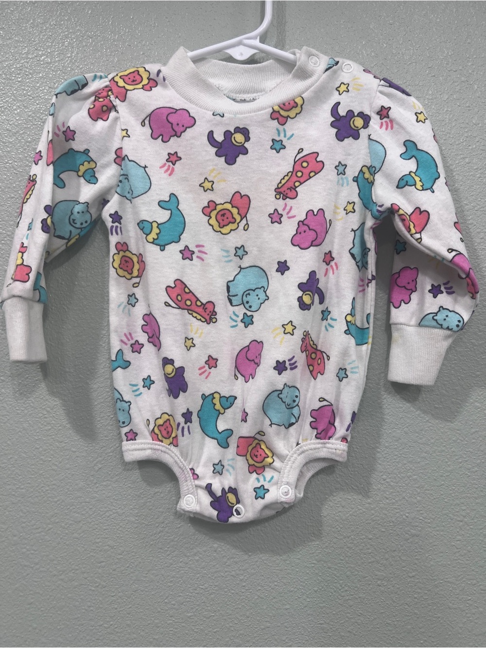 Vintage Fisher Price Kidswear Baby Bodysuit Animal Print Puff Sleeve